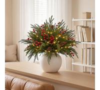 VeriNatural Branches de pin de Noël et baies rouges avec lumières, 12 | 50 LED blanc chaud avec pommes de pin - Branches de pin artificielles de 47 cm pour arrangements floraux de Noël