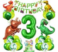 VerLuky Kit de décoration d'anniversaire dinosaure de 3 ans - Ballons dinosaures XXL - Vert - Ballon en aluminium - Avec bannière Happy Birthday - Pour garçons et filles