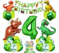 VerLuky Kit de décoration d'anniversaire dinosaure de 4 ans - Ballons dinosaures XXL - Vert - Ballon en aluminium - Avec bannière Happy Birthday - Pour garçons et filles