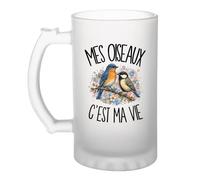 Verre à Bière Mes oiseaux c'est ma vie | Chope Givrée en Verre Trempé 470 ml à Anse Recto Verso | Apéro Bar Bistrot Match | Cadeau Passionné et Passionnée D'oiseaux Homme Anniversaire Fête des Pères