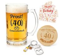 Verre à Bière Personnalisé Cadeau 40 Ans Verre a Biere avec Gravure 0,5 L | Chope à Bière avec Porte capsuleur et Dessous de Verre pour Hommes et Femmes 40 Ans Décoration Anniversaire