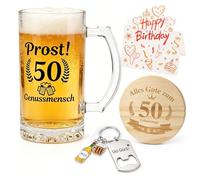 Verre à Bière Personnalisé Cadeau 50 Ans Verre a Biere avec Gravure 0,5 L | Chope à Bière avec Porte capsuleur et Dessous de Verre pour Hommes et Femmes 50 Ans Décoration Anniversaire