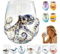Verre à vin sans pied en verre artisanal, motif pieuvre bleue en relief 3D, créature marine, cadeau pour les amateurs de l'océan 3D Sea Turtle
