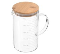 Verre doseur en verre de 1000 ml, en verre borosilicaté, avec couvercle en bois et bec verseur. Couleur : blanc/jardin opulent