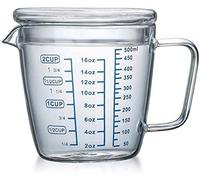 Verre Doseur Tasse à Mesureur en Verre Bécher Bec en V Cup Pichet Mesureur Liquide Résistant Chaleur Mug Gradué Transparent Broc Mesureur Cuisine Micro-ondes avec Couvercle pour Lait Café Thé (500ML)