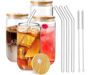 Verres à boire avec couvercle, 500 ml, lot de 4, forme de bocal, couvercle en bambou