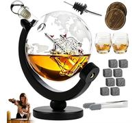 Verres à vin gravés avec un motif de globe terrestre - Coffret cadeau - Décanteur - Carafe - Pierres de refroidissement - Pince - Dessous de verre - Cadeau pour un père ou un mari