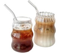 Verres côtelés Tasses en verre avec pailles 2 pièces Verres côtelés vintage 18 oz Tasses en verre ondulé Verres à boissons en forme de vague Tasse à café glacé pour whisky Cocktail Jus de bière