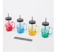 Verres Relaxdays avec couvercle et paille, lot de 4, 500 ml, motif tête de mort, bouchon à vis, anse, colorés