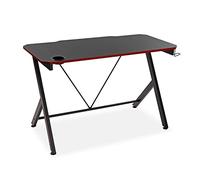 Versa Pablo Bureau informatique Bureau Sécretaire Poste de Travail Table d'étude pour Ordinateur Gaming, avec trou pour boisson, porte-casque, 3 tiroirs, 76 x 60 x 120 cm, Bois et métal, Noir et rouge
