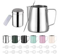 Verseuse à lait en acier inoxydable Unyqoos® de 600 ml avec indicateur de volume et set pour le latte art – Acier inoxydable 304, argent, bec verseur anti-goutte, poignée résistante à la chaleur, 16 m