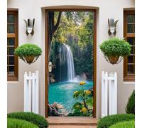 Vert Autocollant Porte paysage de cascade en forêt Stickers de Porte 73x204 cm PVC Auto-Adhésif Imperméable Trompe L'oeil Papier Peint Muraux pour Cuisine Chambre Salle de Bain Decor