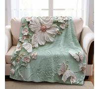 Vert Clair Plaid Polaire Fleurs et Papillons 100 x 130 cm Imprimé 3D Couverture Flanelle Douce et Moelleuse pour Canapé et Lit, Enfant et Adulte