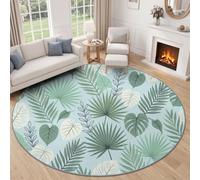 Vert Moderne Nature Tapis Salon 60 cm Rond Lavable en Machine | Plantes Tropicales Feuilles De Palmier Monstera Tapis Chambre Lit, Dessous AntidéRapant Interieur Doux Poil Ras Moquette