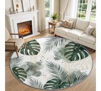 Vert Pâle Tapis Rond Lavable en Machine Aquarelle Tropical Plantes 150 cm | Feuilles Monstera Feuilles Palmier Tapis Rond imprimé Antidérapant à Poils Courts Doux Tapis pour Salon, Chambre d'enfant