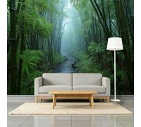 Vert Papier Peint Panoramique 450L x 315H cm, Naturel Brume Forêt Promenade Bois Feuille Affiche Fresque Murale, Vert Papier Peint 3D Mural pour Salon Chambre d'enfants Salle de Jeu Décoration Murale