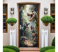 Vert Papier Peint Porte 73x204 cm Le monde des dinosaures de la forêt Trompe l'oeil Sticker Poster Porte Trompe l'oeil Intérieure Muraux PVC pour Décoration Mur Salon Cuisine Chambre Salle de Bain