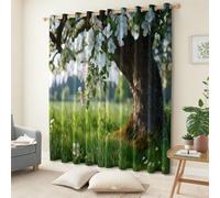 Vert Rideau Occultant Thermiques, Nature Grands Arbres Fleurs Prairie Double Rideau Isolant Anti-Bruit, Économie d'Énergie, Opaque Doux et Esthétiques pour Chambre et Salon, Lot de 2, 75 x 166 cm