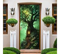 Vert Sticker de Porte 83x204cm Cabane dans les arbres du dessin Poster Porte Trompe L'oeil Auto-Adhésif PVC Papier Peint Imperméable Amovible DIY Murales Chambre Salon Cuisine Decor