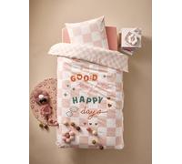 VERTBAUDET Parure Housse de Couette + taie Oreiller Enfant Damier Good Vibes, avec Coton recyclé Carreaux Rose 140X200 50X75