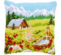 Vervaco estampillé kit de point de croix coussin "Bergwiese mit Blumen und Haus"