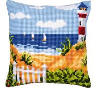 Vervaco Kit coussin au point de croix La plage au phare ,40 x 40 cm, Écru, Couleurs Variées
