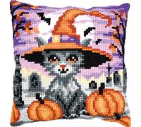 Vervaco kit point de croix tamponné coussin "chaton Halloween", 40x40cm, DIY