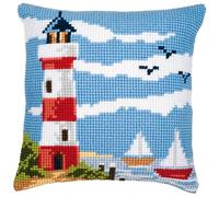 Vervaco Point De Croix Kit Coussin Complet Set LA PLAGE AU PHARE Decoration Manuelle Broderie Kit Adulte Art Creatif Cadeau DIY Cross Stitch Embroidery ca. 40 x 40 cm