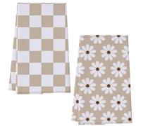 Vesavifaka Lot de 2 Torchons, 60x40 CM Torchons de Cuisine avec Boucle de Suspension, Réutilisables et Absorbants au Design Bohème Rétro Moderne, Beige à Carreaux et Fleurs