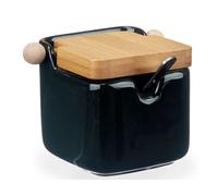Vessia Sucrier en Céramique Noire avec Couvercle en Bambou et Cuillère Inox 10,8x8x7,5 cm 190 ml (Set de 6)