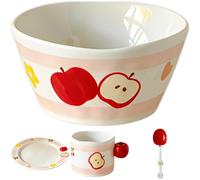 Vestamore Keramik-Geschirrset mit Apfelmotiv, 4-teiliges Set aus Unterglasur-Emaille, mikrowellen- und spülmaschinengeeignet für Einzelportionen, Schüssel 13,5 cm, Teller, Tasse und Löffel