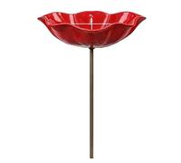 Vestamore Piquet de Jardin en métal, Motif Fleur, Station d’Eau Rouge pour Abeilles, Bain de Jardin, décoration extérieure de 23,6 in de Haut avec Bol à pétales ondulés de 5,9 in, 1 pièce