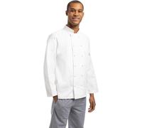Veste de chef blanche Unyqoos® modèle Vegas – Coupe unie, manches longues, taille XS | 80% polyester/20% coton, 245 g/m², double fermeture, poche pour thermomètre