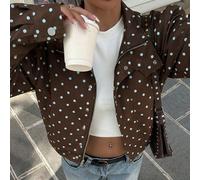 Veste décontractée polyvalente pour le travail et les sorties pour femmes en grande taille, à pois marron café et blanc, printemps/été 0XL,1XL,2XL,3XL,4XLImprimés aléatoiresTissu tissé