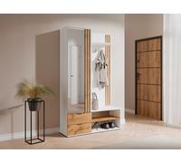 Vestiaire avec miroir et rangements - Blanc et Naturel - JANAKIA