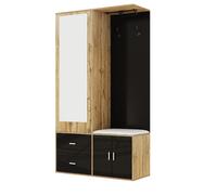 Vestiaire d'entrée 100/38/180 cm noir et naturel en panneaux avec miroir