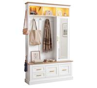 Vestiaire d'Entrée 110x32x180 cm, COZHYESS Meuble Multi-Rangements, Miroir, LED APP, 2 Tiroirs, 2 Portes, 3 Niches, Crochets - Blanc