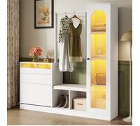 Vestiaire D'Entrée 6 en 1 avec LED et Armoire, Meuble Porte-Manteau et Chaussures, Meuble Entree Porte Manteau, Banc, Vitrine Verre
