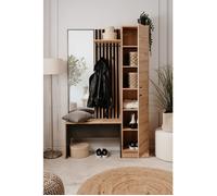 Vestiaire d'entrée avec miroir, banc et porte - Décor Chêne artisan et gris anthracite - L122 x P37 x H190cm - Style industriel