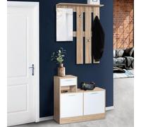 Vestiaire d'entrée avec miroir design hêtre portes blanches