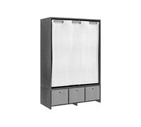 Vestiaire d'entrée - barre de penderie, 3 niches, 3 tiroirs tissu, rideau - panneaux noir polyester lin gris clair