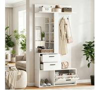 Vestiaire D'Entree Blanc En MDF, Meuble A Chaussures Avec Miroir FloraGrace, Pour Entree Et Couloir, Gain De Place, 90x30x180cm