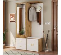 Vestiaire D'entrée Bois avec Miroir et Penderie, Meuble Chaussure Porte Manteau avec Portant Extensible et Tiroirs, Banc, Blanc