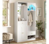 Vestiaire D'Entree En MDF Blanc, Meuble D'Entree Moderne FloraGrace, Pour Hall Et Couloir, Avec LED Reglable Et Banc, 100x35x180cm