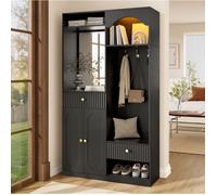 Vestiaire D'Entree En MDF Noir, Meuble D'Entree Design FloraGrace, Pour Hall Et Couloir, LED Reglable Et Rangement, 100x35x180cm