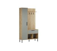 Vestiaire d'entrée HILDIA en mélaminé imitation bois et vert sauge, métal noir - 108x35xH195 cm