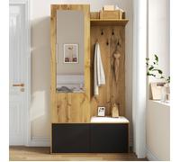 Vestiaire d'entrée - TKOPY - Meuble d'entrée avec miroir et 5 patères - Ensemble de vestiaires - 100x38x191cm - Noir+Naturel