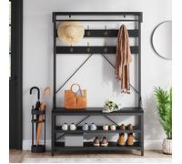 VESTIAIRE - MEUBLE D ENTREE- Porte-manteau industriel avec banc et rangement pour chaussures -8 crochets Amovibles,Tringle，Noir
