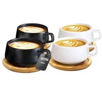 VETIN Lot de 4 Tasses à cappuccino avec soucoupe, tasse en marbre, 320 ml, en porcelaine, pour thé, café, cappuccino, tasses à café avec disque en bois (Noir*2 + Blancs*2)
