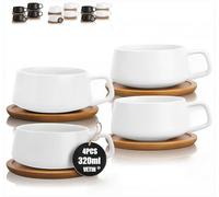 VETIN Lot de 4 Tasses à cappuccino avec soucoupe, tasse en marbre, 320 ml, en porcelaine, pour thé, café, cappuccino, tasses à café avec disque en bois (Blanc*4)